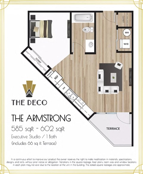 Floor plan for studio, 1 bath, 536 sqft